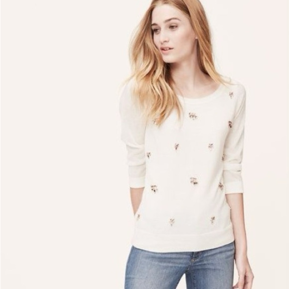 LOFT Cream Crewneck Lightweight Knit Sweater With Jewel Detail